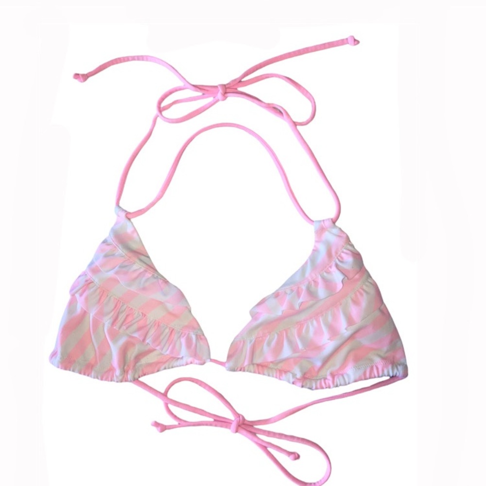 Victoria's Secret Ruffle Striped Pink White Triangle String Bikini Top Large